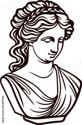Elegant engraved line drawing of ancient greek woman bust with wavy hair and classical draped attire