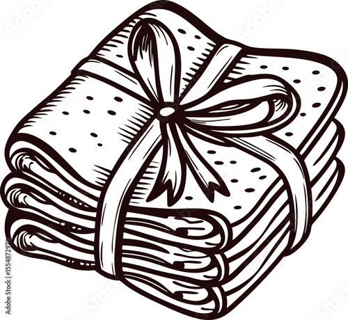 Hand drawn vintage folded blankets tied with ribbon on white background illustration