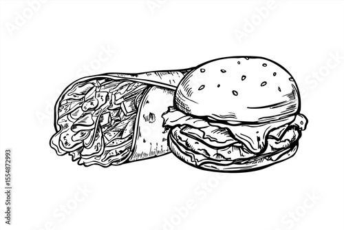 Monochrome vector sesame burger and flour tortilla wraps with vegetables, grilled meat, salad leaves illustration painted by black inks. Etching drawing of classic homemade sandwich.