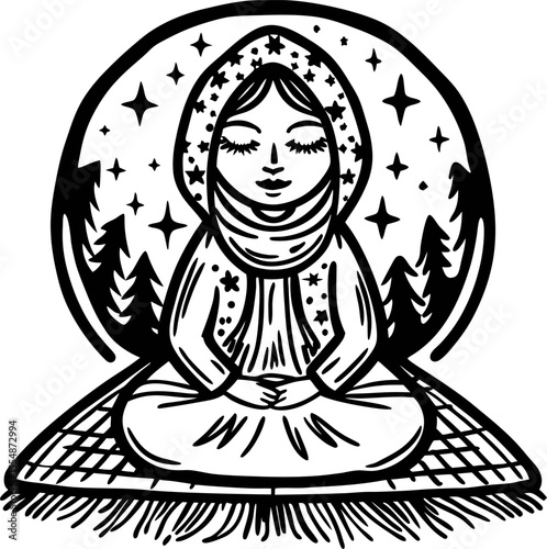 Serene woman in headscarf meditating outdoors surrounded by stars and pine trees black and white illustration