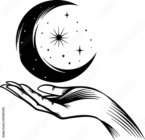 Mystical hand holding crescent moon with stars and sparkles, celestial black and white  illustration