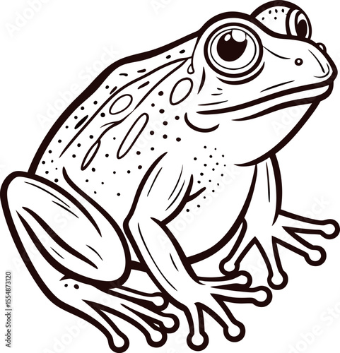 Detailed hand drawn illustration of a frog sitting with front view, vintage engraving line art
