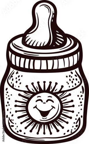 Hand drawn baby milk bottle with smiling sun icon and nipple cap in vintage engraved illustration