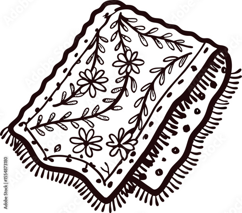 Hand drawn decorative floral rug with botanical pattern and ornamental fringes in black and white