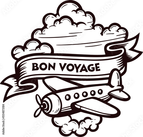 Vintage engraved airplane with bon voyage ribbon and clouds, hand drawn sketch illustration