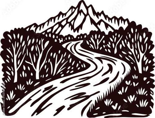 Winding country road through forest trees and mountains in vintage woodcut engraving illustration