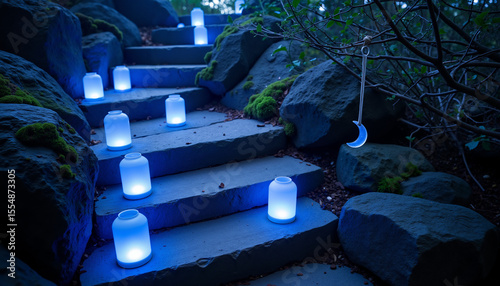 Floating lanterns illuminating stone pathway in a fantasy forest  