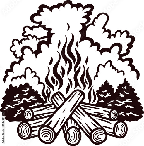 Hand drawn bonfire with logs and rising smoke surrounded by bushes and trees in vintage engraved