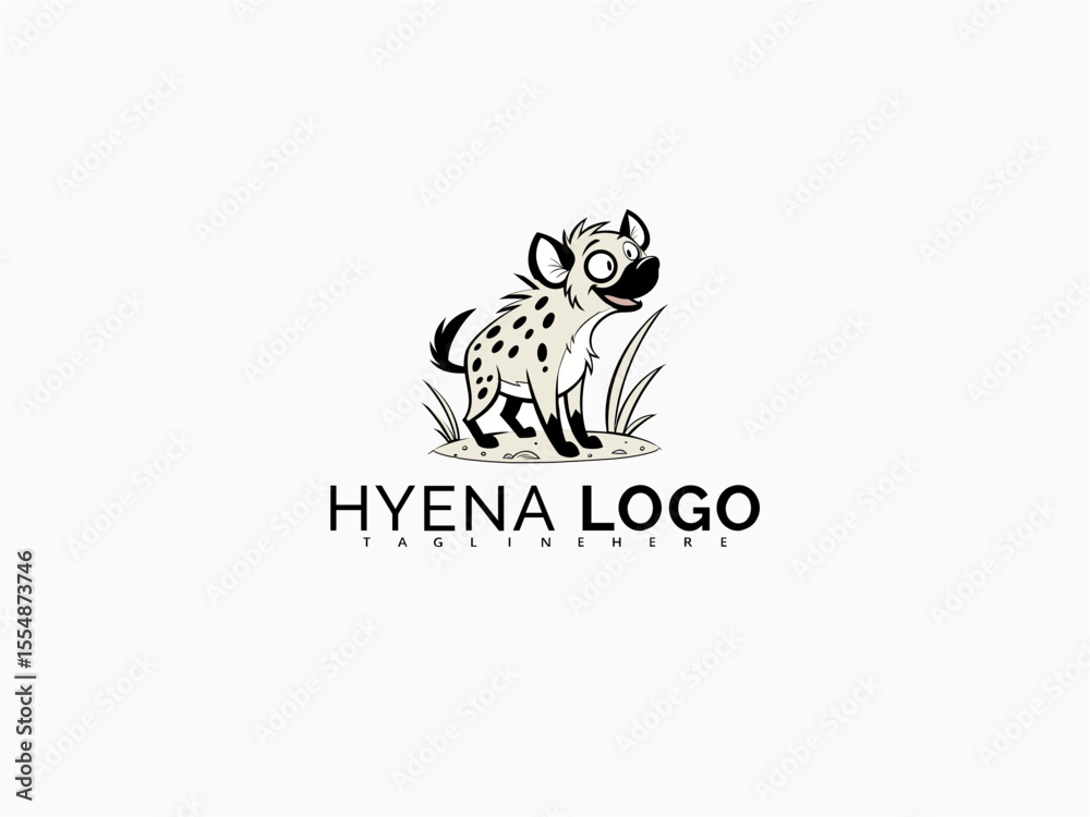 Fototapeta premium Clean black and white vector logo of a cartoon hyena. Perfect for sticker sheets, zoo-themed baby product branding, storybooks, and fun educational content.