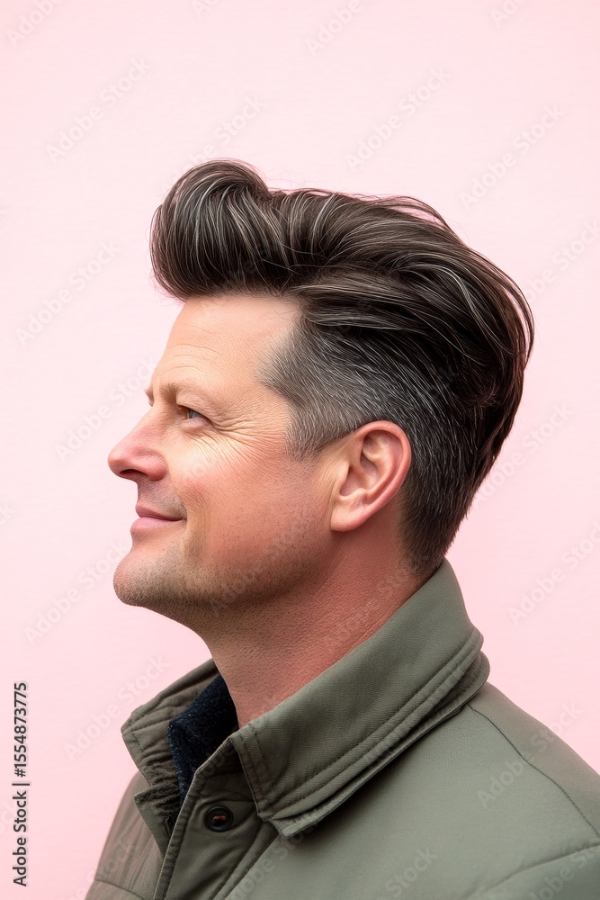 Fototapeta premium Idea of style for aging men. Classy men's high and tight haircut - midlife white man with black hair. A gentle and elegant man with a warm presence. Pink solid background.