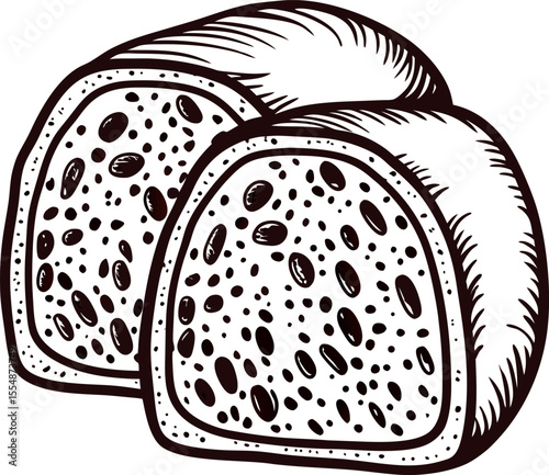 Hand drawn black and white illustration of two sliced loaves of rustic bread with textured crust and seeds