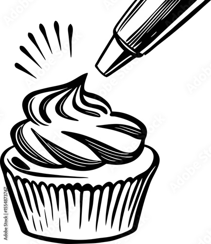 Hand drawn illustration of a cupcake with frosting being piped from a pastry bag in vintage