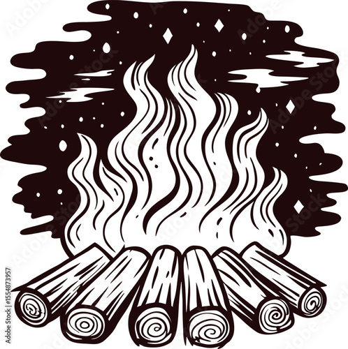 Bonfire night sky illustration with burning firewood and glowing sparks in vintage engraved