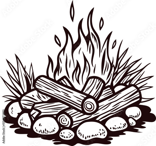 Hand drawn campfire illustration with logs, flames, stones, and grass in vintage engraved on white background