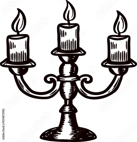 Hand drawn ornate candelabra with three lit candles vintage engraving illustration
