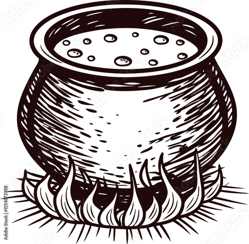 Hand drawn boiling pot over open fire vintage engraved cauldron filled with bubbling liquid isolated on white background