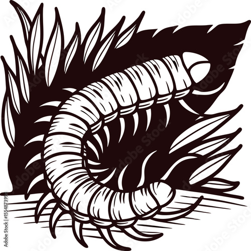Detailed black and white illustration of a centipede crawling through grass with segmented body and intricate line patterns