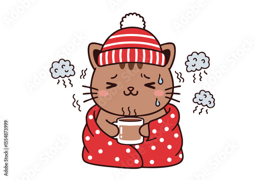 Cartoon Cat with Red Striped Hat and Polka Dot Blanket Holding Mug.