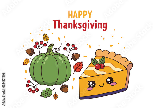 Adorable Cartoon Pumpkin Pie Slice with Cute Facial Expression.