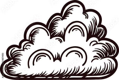Hand drawn fluffy cloud illustration isolated on white background in vintage engraved