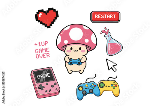 Cute Mushroom Character Holding a Game Controller.