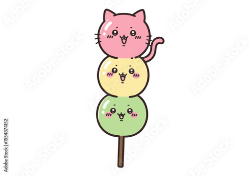 Cute Dango Skewer with Cat Head Pastel Colors Kawaii Style.