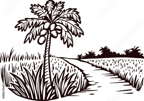 Rustic hand drawn coconut palm tree by rural dirt path with distant grass fields and silhouette foliage