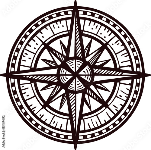 Intricately drawn compass rose illustration with detailed traditional nautical design and bold vintage elements
