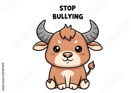 Cartoon Buffalo Calf with Horns and Hooves Sitting Pose Cute Style.
