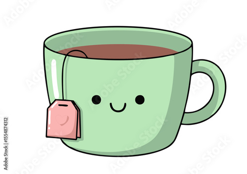 Cute Cartoon Tea Cup with Attached Tea Bag.