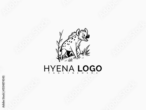 Playful cartoon hyena mascot in black and white vector logo. Perfect for children’s branding, zoo educational materials, animal stickers, and storybook designs.


