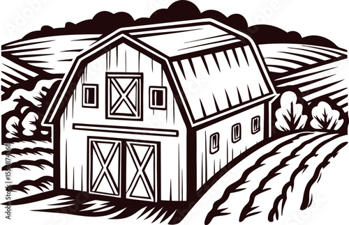Rustic barn in countryside landscape, vintage engraving illustration of rural farm building with fields and trees