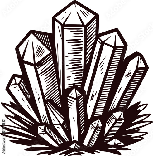 Hand drawn crystal cluster sketch black and white gemstone etching with geometric quartz points