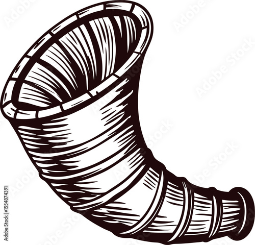 Vintage engraved illustration of a curved drinking horn isolated on white background
