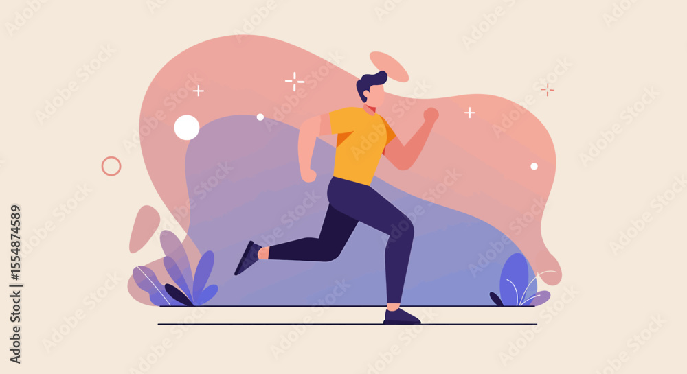 Fototapeta premium A vibrant illustration of a man jogging outdoors, perfect for websites, presentations, and marketing materials needing an active, healthy lifestyle concept, with a flat design style.