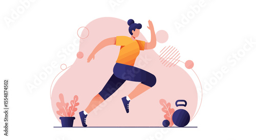 A vibrant illustration of a young woman jogging, showcasing a healthy lifestyle and fitness concept, perfect for websites, banners, or presentations promoting well-being and athleticism.