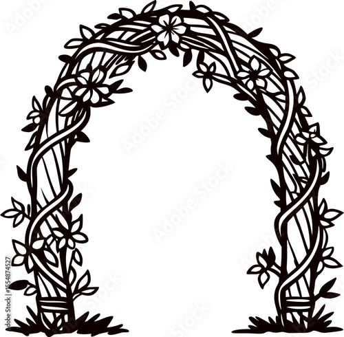 Floral archway illustration with intertwined vines and blooming flowers in hand drawn decorative