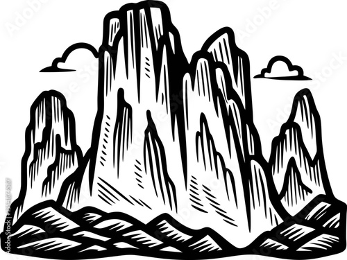 Hand drawn mountain peaks with clouds in vintage engraving black and white sketch landscape illustration