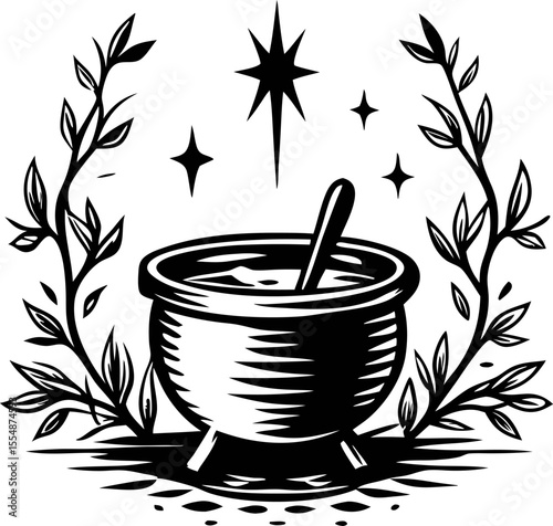 vintage engraved cauldron with spoon and botanical branches mystical stars above black and white illustration
