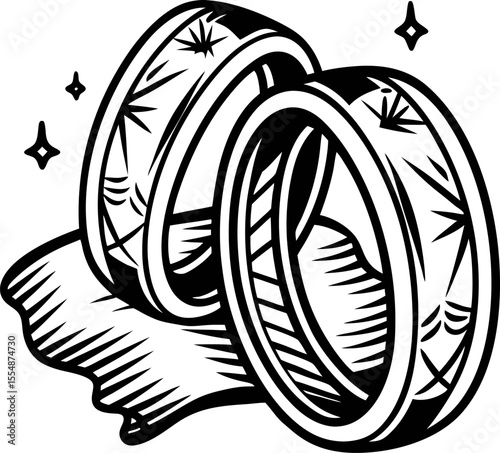 Hand drawn illustration of two sparkling wedding rings with engraved patterns lying on a cloth surface