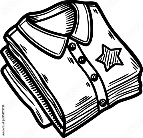 Folded collared shirt with buttons and star patch in vintage hand drawn engraving illustration