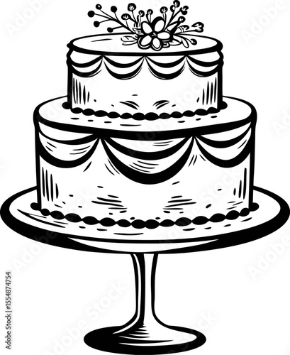 Vintage engraved drawing of a two tier decorated cake with floral topper on pedestal stand