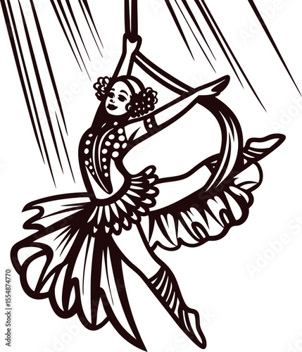 Graceful circus aerialist performing acrobatics with hoop in vintage hand drawn sketch illustration