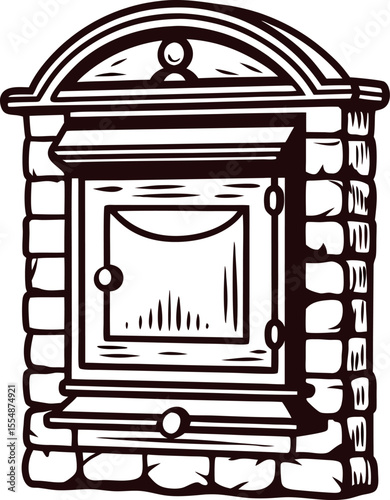 Vintage engraved illustration of a decorative stone mailbox with ornate detailing and classic arched top