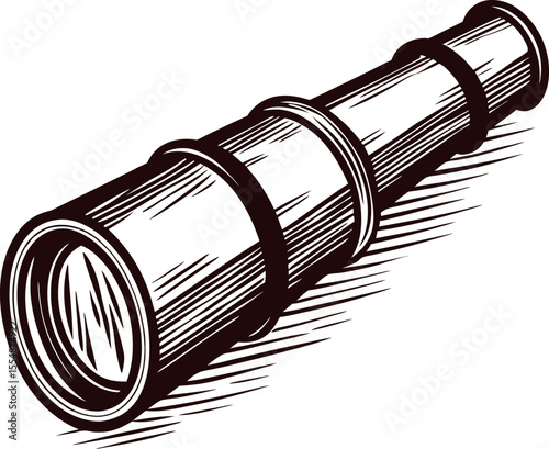Hand drawn vintage brass telescope illustration, isolated antique spyglass in sketch engraving