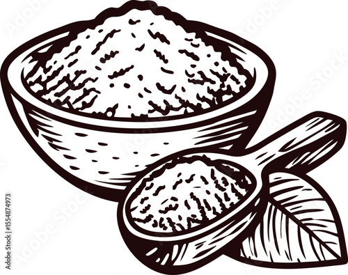 Hand drawn bowl and scoop with powder and leaf vintage herbal ingredient illustration in engraved