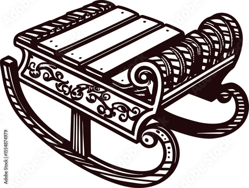 Vintage engraved wooden sled with ornate scrollwork and curved runners isolated on white background illustration