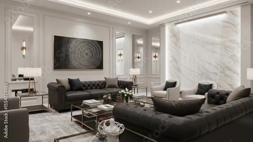 Elegant living room interior featuring dark sofas, white walls, marble accents, and modern decor.