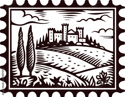 Vintage engraved countryside landscape with castle and cypress trees in rustic frame illustration
