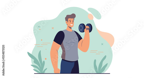 Smiling man lifting dumbbells in a flat design style, perfect for fitness websites, health blogs, or gym marketing materials, this illustration promotes a healthy and active lifestyle.